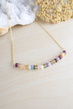 Load image into Gallery viewer, multi gemstone bar necklace 2 inches on a gold plated chain