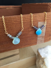 Load image into Gallery viewer, Aqua Chalcedony and Labradorite Gemstone V Necklace - Gold finish
