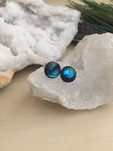 Load image into Gallery viewer, front view of a pair of metallic blue abalone earrings