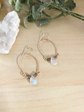Load image into Gallery viewer, Alia Earrings with Labradorite and Rainbow Moonstone Inverted Hoop earrings - Gold fill