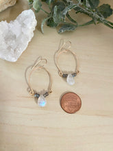 Load image into Gallery viewer, Alia Earrings with Labradorite and Rainbow Moonstone Inverted Hoop earrings - Gold fill