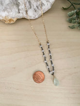 Load image into Gallery viewer, Moonstone and Chalcedony Necklace - Oxidised Silver Wire Wrap with Gold Fill chain Details