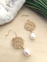 Load image into Gallery viewer, Gold Wire Crochet round earrings with a white freshwater pearl drop and suspended on handmade 14k gold fill ear wires