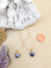 Load image into Gallery viewer, Handformed 14k Gold Fill hoop earrings with a gold fill wire wrapped black gemstone drop hanging from the hoop