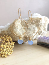 Load image into Gallery viewer, Gold Fill Hoop earrings with a wire wrapped chalcedony gemstone drop
