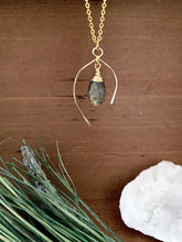 Load image into Gallery viewer, Labradorite gemstone drop necklace enclosed in a wish bone shaped frame