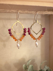 Raha - Wire Wrapped Pink Ruby and Carnelian with Freshwater Pearl drop 14k gold filled ear wires