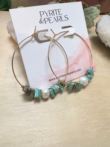 14k Gold Filled Hoops with blue African turquoise chips and Floating pearl