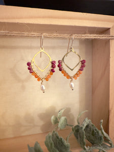 Raha - Wire Wrapped Pink Ruby and Carnelian with Freshwater Pearl drop 14k gold filled ear wires