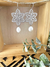 Load image into Gallery viewer, Silver crochet lace earrings with sterling silver ear wires