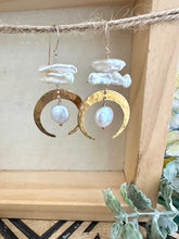 Load image into Gallery viewer, Crescent Moon earrings with biwa pearls - 14k gold filled ear wires