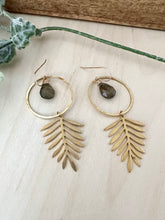 Load image into Gallery viewer, Labradorite Fern earrings - Hammered Brass with 14k gold fill ear wires