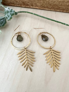 Labradorite Fern earrings - Hammered Brass with 14k gold fill ear wires