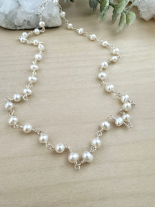 Wire wrapped white freshwater pearl necklace - Sterling silver