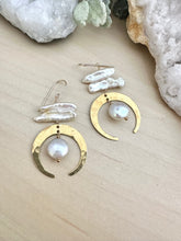 Load image into Gallery viewer, Crescent Moon earrings with biwa pearls - 14k gold filled ear wires