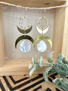 Double crescent earrings with mother of pearl drop - 14k gold filled ear wires