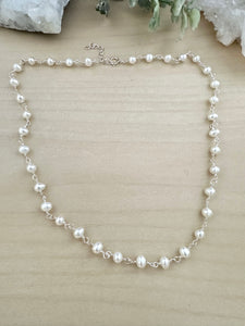 Wire wrapped white freshwater pearl necklace - Sterling silver