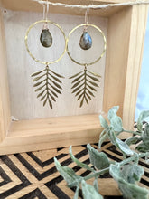 Load image into Gallery viewer, Labradorite Fern earrings - Hammered Brass with 14k gold fill ear wires