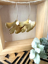 Load image into Gallery viewer, Ginkgo leaf earrings with long gold fill ear wires