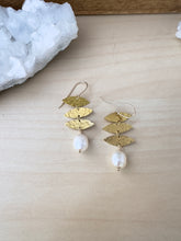 Load image into Gallery viewer, Lila Earrings - Hammered Marquise drops with a Freshwater Pearl Drop - 14k gold filled ear wires