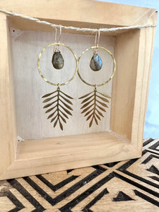 Labradorite Fern earrings - Hammered Brass with 14k gold fill ear wires