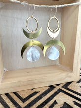 Load image into Gallery viewer, Double crescent earrings with mother of pearl drop - 14k gold filled ear wires