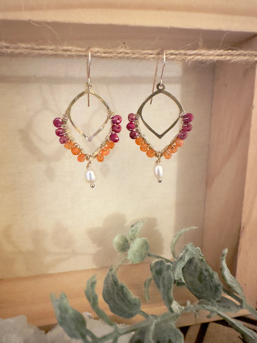 Raha - Wire Wrapped Pink Ruby and Carnelian with Freshwater Pearl drop 14k gold filled ear wires