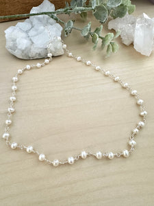 Wire wrapped white freshwater pearl necklace - Sterling silver