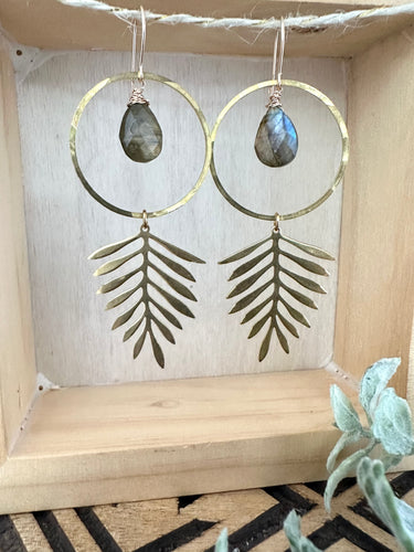 Labradorite Fern earrings - Hammered Brass with 14k gold fill ear wires