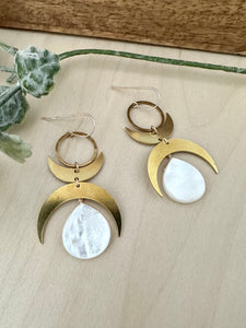Double crescent earrings with mother of pearl drop - 14k gold filled ear wires