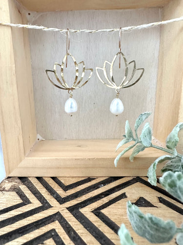 Kamal - Lotus earrings with white pearl drop