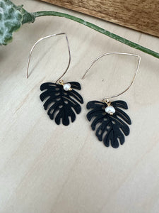 Black Mini Monstera Earrings - 14k gold filled ear wires