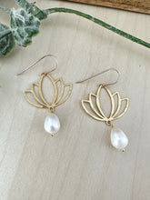 Load image into Gallery viewer, Kamal - Lotus earrings with white pearl drop