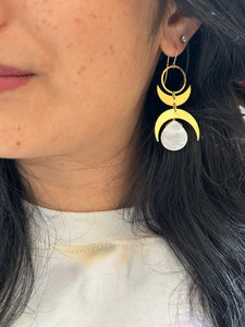 Double crescent earrings with mother of pearl drop - 14k gold filled ear wires