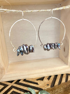 Noori Earrings - Inverted Hammered Hoops with Grey Freshwater Pearls - Sterling Silver or Gold Fill