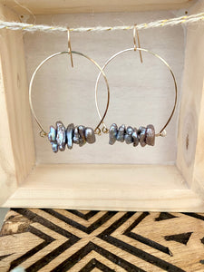 Noori Earrings - Inverted Hammered Hoops with Grey Freshwater Pearls - Sterling Silver or Gold Fill