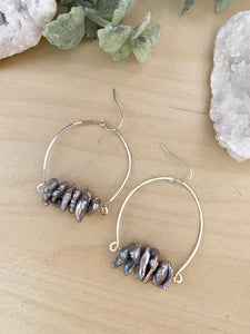 Noori Earrings - Inverted Hammered Hoops with Grey Freshwater Pearls - Sterling Silver or Gold Fill