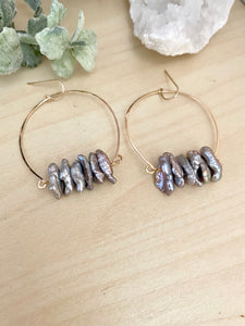 Noori Earrings - Inverted Hammered Hoops with Grey Freshwater Pearls - Sterling Silver or Gold Fill