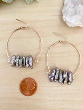 Load image into Gallery viewer, Noori Earrings - Inverted Hammered Hoops with Grey Freshwater Pearls - Sterling Silver or Gold Fill