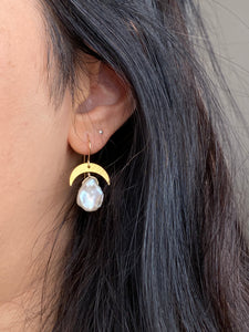 Pearl and gold crescent moon earrings - 14k gold filled ear wires