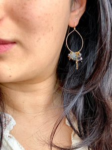 Gold Fill Hoops with Dark Pearls and Gemstone Dangles