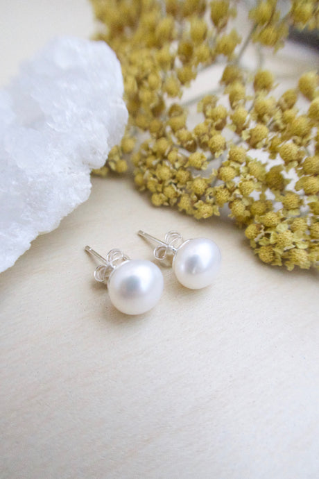 White Freshwater Pearl Earrings on Sterling Silver Posts 7.5-8mm