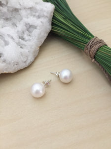 Large White Freshwater Pearl Earrings on Sterling Silver Posts 11mm