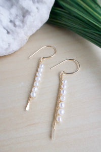 Vertical Freshwater Pearl Bar Earrings - Gold fill