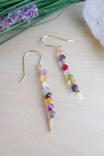 Load image into Gallery viewer, Multi Colored Gemstone Bar earrings on gold fill ear wires 