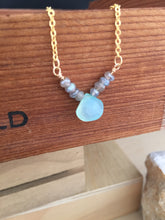 Load image into Gallery viewer, Aqua Chalcedony and Labradorite Gemstone V Necklace - Gold finish