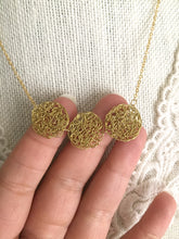 Load image into Gallery viewer, Wire Crochet Trio Necklace - Delicate Lacy Pendant Necklace with 3 Crochet Discs