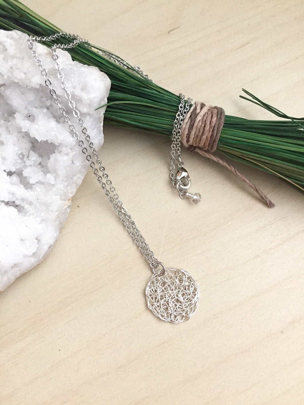 Wire Crochet Tina Necklace - Delicate Lacy Pendant Necklace - Sterling Silver or Gold Fill