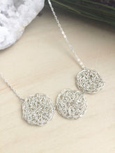 Load image into Gallery viewer, Wire Crochet Trio Necklace - Delicate Lacy Pendant Necklace with 3 Crochet Discs