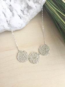 Wire Crochet Trio Necklace - Delicate Lacy Pendant Necklace with 3 Crochet Discs